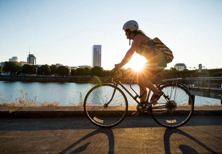Bicyclist on Portland waterfront