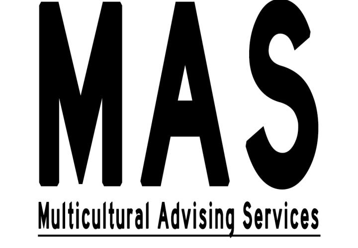 white background and black text reads Multicultural advising services