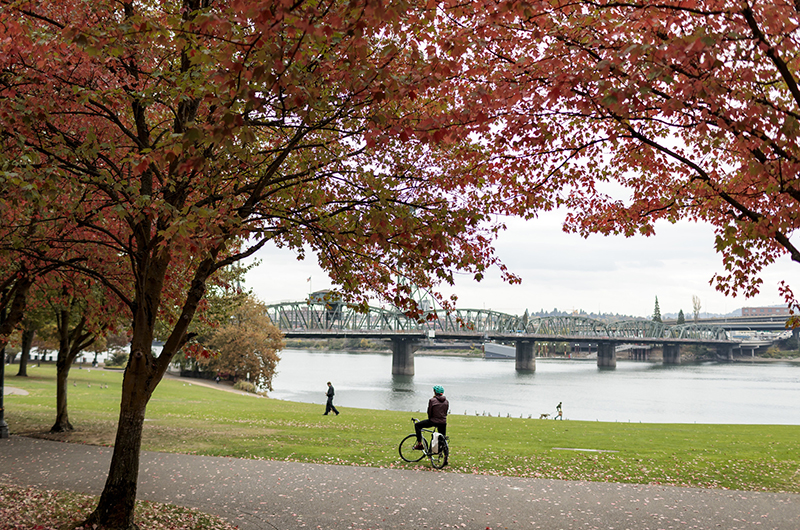 A student on his bike riding by the Willamette River