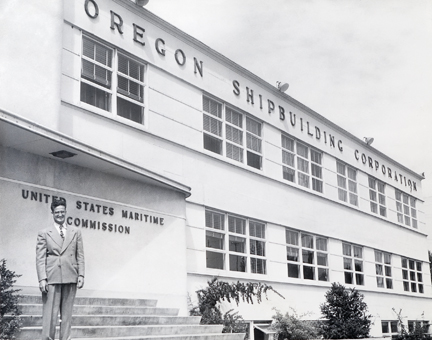 Vanport director Stephen Epler at the administration building of the former Oregon Shipbuilding Corporation, the new home of the Vanport Extension Center, fall 1948