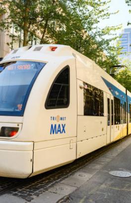 TriMet Max moving down the Downtown Portland Streets