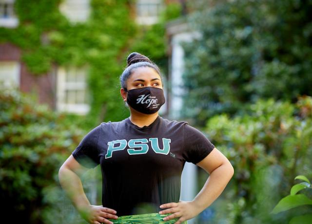 PSU student wearing a mask